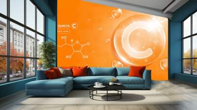 Drop water vitamin C orange and structure. Vitamin complex with Chemical formula from nature. Beauty treatment nutrition skin care design. Medical and scientific concepts. 3D Realistic Vector EPS10. Wall mural