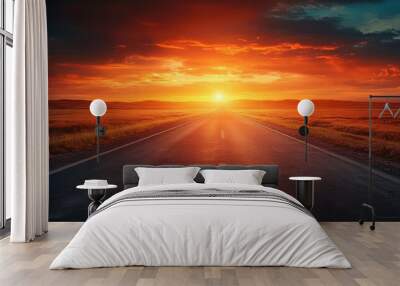 Endless road under a fiery sunset sky, illustrating the balance between business progress and personal well-being, journey Wall mural