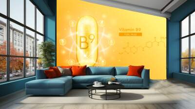 Gold oil capsule vitamin B9 or Folic Acid and structure chemical formula. Pill multivitamin complex with bubble collagen serum radius ring surround. Skincare cosmetics nutrition design. Vector. Wall mural