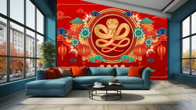 Happy Chinese New Year 2025. Chinese snake gold with clouds lanterns on red background for card design. China zodiac lunar calendar animal. Translation happy new year 2025, year of the snake. Vector. Wall mural