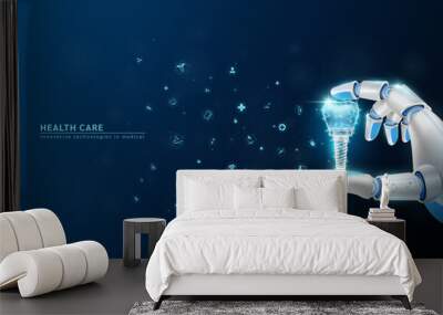 Innovative technology in science medical health care futuristic. Hand robot or cyborg artificial intelligence AI holding dental implant and virtual interface medical icon network. 3D Vector. Wall mural