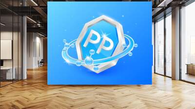 Logo label nutrition 3D silver. Vitamin PP in octagon blue shape and atom orbit around. Used for products food design. Protect your body keep healthy. Medical concepts. Isolated Vector EPS10. Wall mural