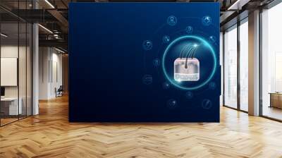 Medical health care. Hair skin cell in transparent bubbles surround with medical icon. Technology innovation healthcare hologram organ on dark blue background. Banner empty space for text. Vector. Wall mural