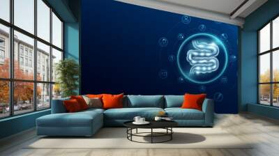 Medical health care. Small intestine in transparent bubbles surround with medical icon. Technology innovation healthcare hologram organ on dark blue background. Banner empty space for text. Vector. Wall mural