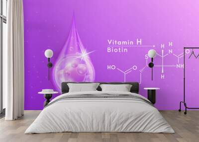 Serum drop water vitamin H purple and structure. Vitamins complex with collagen oxygen bubbles. Banner design template skin care cosmetics solution. Beauty medical concepts. 3D Realistic Vector EPS10. Wall mural