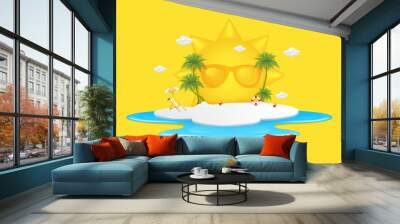 Sun with sea waves. Deck chair sitting beach umbrella, green palm on seaside on white podium with clouds float in the air. For making tourism. Summer vacation travel paradise beach concept. 3D Vector. Wall mural