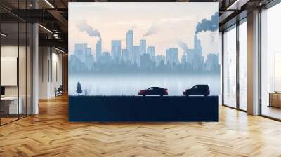 Two cars drive past pine trees with a city skyline and industrial smokestacks in the background, producing smoke into the cloudy sky. Wall mural