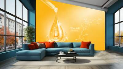 Vitamin D serum liquid gel in dropper and structure. Cream collagen complex with chemical formula from nature skin care vitamins. On orange background 3D realistic vector. Medical scientific concept. Wall mural