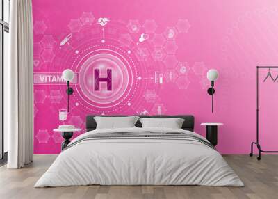 Vitamin H and Mineral supplements complex pharmaceutical capsule. Vitamins food sources and functions. Health care and science icon pattern medical innovation. On a pink background. Vector EPS 10. Wall mural