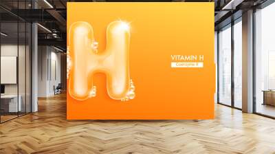 Vitamin H in form water character letter bubble collagen serum. Font type uppercase orange. Solution vitamins complex skin care for cosmetics ads design. Medical concepts beauty nutrition. 3D Vector. Wall mural