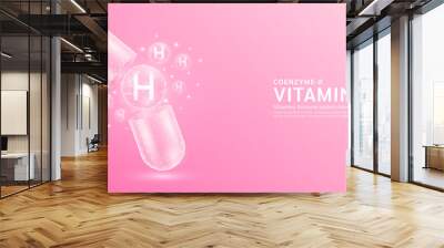 Vitamin H pill drug capsule open with pink bubble ball float out in style polygon. Collagen and minerals antibiotic supplement essential health care. Medical and pharmacy concept. Banner vector. Wall mural