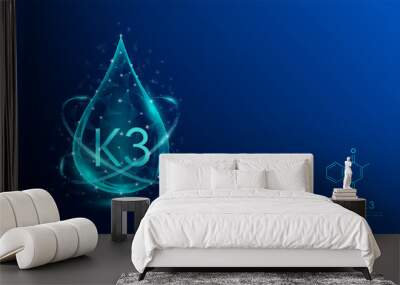 Vitamin K3 drop blue low poly and structure chemical formula. Medicine science innovative. Multivitamins complex collagen supplement skincare anti aging. Cosmetics nutrition banner design. Vector. Wall mural