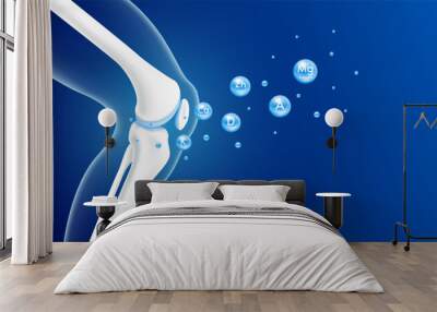 Vitamins minerals calcium zinc and magnesium absorbed into the bone cartilage. Healthy human skeleton anatomy isolated on blue background. Care bone knee joint. Realistic 3D vector. Wall mural