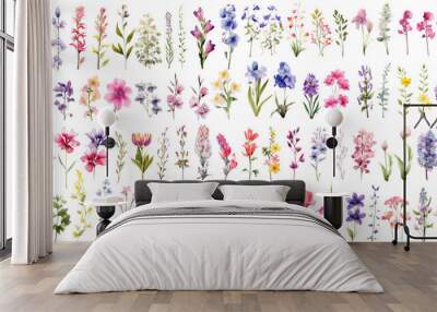 Set of watercolor wildflowers painting isolated on clear png background and transparent background. Fresh and nature concept for nature decorative and flower element, AI generative.	 Wall mural