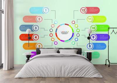 Basic circle infographic template with 12 steps, process or options, process chart, Used for process diagram, presentations, workflow layout, flow chart, infograph. Vector eps10 illustration. Wall mural