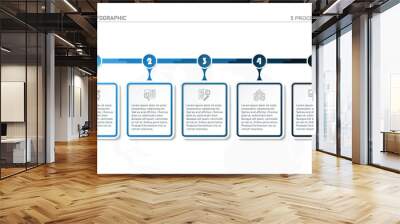 Horizontal timeline or flowchart with five square elements and space for data. Concept of 5 successive steps of company process. Wall mural