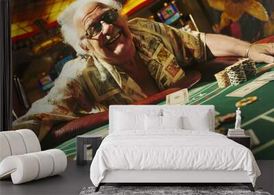 Old man in Las Vegas playing casino and winning, happy and smiling face. Wall mural