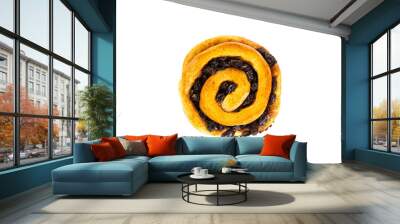 Top view, Roll with raisins in foil on white background. One bun or cinnamon isolated picture. Homemade bakery concept. Wall mural