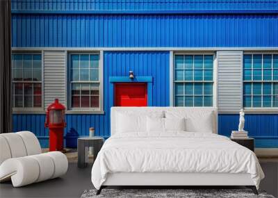   A blue building with a white door and windows featuring bars on either side A red fire hydrant stands in front of the entrance Wall mural