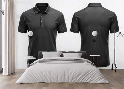 A blank, modern black polo shirt with a relaxed fit, featuring a classic collar and buttons, displayed on a white background from front and back perspectives. Wall mural