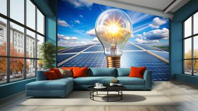 A bright light bulb shines above a solar energy panel, symbolizing the power of renewable energy and a sustainable future for our planet. Wall mural