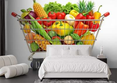 A colorful and stylized illustration of a grocery cart icon filled with fresh fruits and vegetables, symbolizing healthy food shopping and meal planning. Wall mural