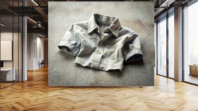 A crumpled, miniature shirt lies on a flat surface, its sleeves and collar eerily shrunk, with a worn, faded look and a few wrinkles. Wall mural