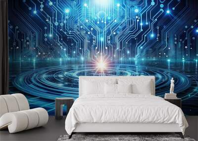 A futuristic data template design floats on rippling water, with glowing circuits and codes swirling underneath, symbolizing data analysis and innovative technology. Wall mural