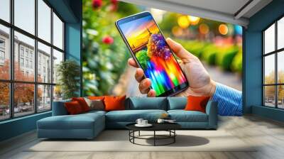 A hand grips a smartphone's touchscreen, demonstrating its essential role in modern communication and technology for everyday life. Connectivity and convenience at our fingertips. Wall mural