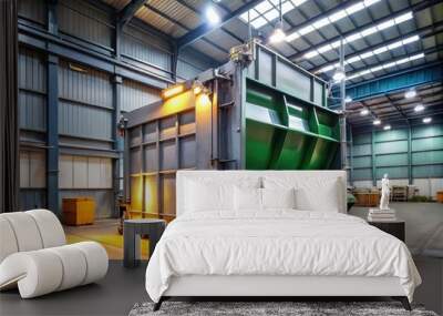 A large, heavy-duty waste compactor stands alone in an industrial setting, its metal body and hydraulic arm gleaming in the bright, overhead lighting. Wall mural