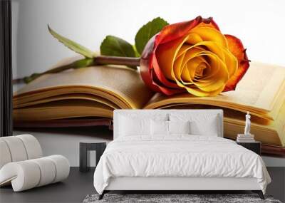 A lone, worn, brown and yellow book lies open on a plain white background, a fresh red rose bookmark evoking romantic memories and love. Wall mural