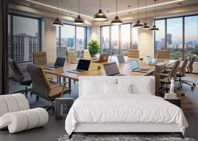 A modern conference room with various marketing materials and laptops, surrounded by empty chairs, symbolizing a strong female team's collaborative work ethos. Wall mural