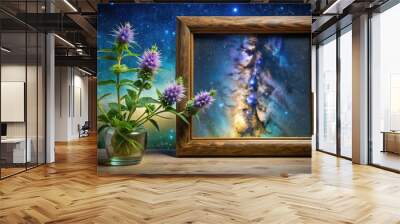 A nostalgic catnip flower glows softly within a marbled frame, adorned with swirling patterns that evoke a sense of whimsy and wonder. Wall mural