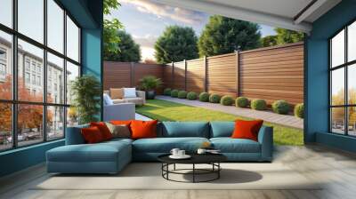 A serene backyard oasis is elevated by a sleek, modern composite privacy fence with horizontal boards and a warm, earthy color scheme. Wall mural