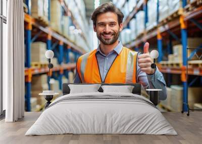 A smiling worker in a bright orange vest gives a confident thumbs up, standing triumphantly in front of shelved inventory in a well-organized warehouse. Wall mural