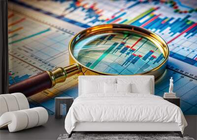 A solitary magnifying glass zooms in on intricate financial charts and graphs scattered on a cluttered desk, scrutinizing market trends and economic indicators. Wall mural