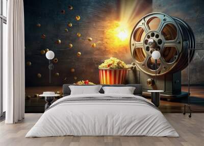 A vintage film reel spins in a retro movie projector, casting a warm cinematic glow on a darkened theater wall amidst nostalgic popcorn and candy wrappers. Wall mural