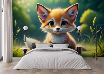 Adorable cartoon baby fox with fluffy orange fur, white belly, and big curious eyes, sitting on green grass with tiny paws and playful expression. Wall mural