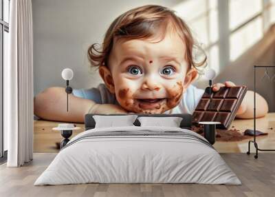 Adorable little face smeared with chocolate, big brown eyes shining with joy, tiny fingers grasping a half-eaten chocolate bar, sitting on a messy table. Wall mural