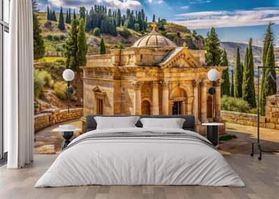 Ancient stone structure with intricate carvings and ornate details, nestled among trees, evoking a sense of spiritual reverence and historic significance in the Holy Land. Wall mural