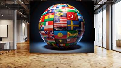 Animated 360-degree rotating globe with country flags from around the world in vibrant colors, set against a sleek black background, creating a dynamic visual explosion. Wall mural