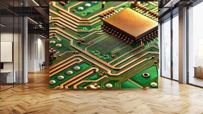 Close-up of a printed circuit board featuring a complex layout of intricately designed copper tracks, pads, and components on a green substrate background. Wall mural