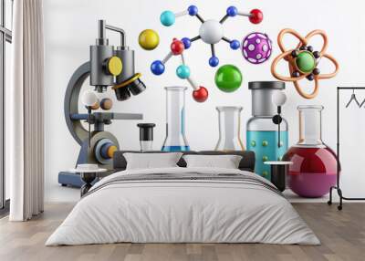 Colorful 3D icons of laboratory equipment and scientific symbols, including lab coat, test tube, molecule, flask, microscope, atom model, and chemistry hazard signs, on a white background. Wall mural