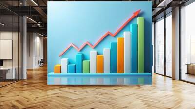 Colorful bar graph and financial charts displaying strong upward trend, symbolizing successful business growth and excellent financial performance on a light blue background. Wall mural