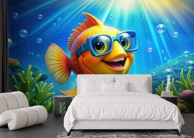 Colorful cartoon fish wearing sunglasses and a smiling expression, surrounded by seaweed and bubbles, swimming in front of a bright blue ocean background. Wall mural