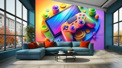 Colorful Console Illustration with Gamepad, Buttons, and Screen for Gaming and Entertainment Themes Wall mural