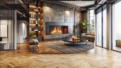 contemporary fireplace design industrial edge sleek metal walls mixed materials warm LED lighting bold colors geometric shapes modern vibes urban aesthetic industrial chic vibe modern comfort Wall mural