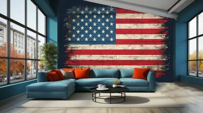 Distressed vector illustration of a worn American flag with frayed edges and subtle texture, featuring bold red, white, and blue colors on a dark background. Wall mural