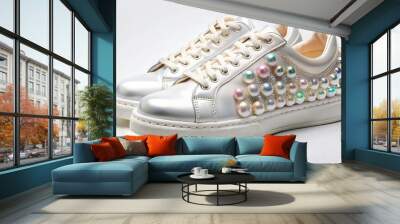 Elegance trembles on the white sneakers as iridescent pearls adorn the surface, evoking the shimmering beauty of an underwater treasure chest overflowing with radiant treasure. Wall mural