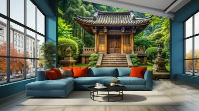 Elegant stone temple with intricately carved wooden doors, surrounded by lush greenery and rustic paths, evoking a sense of serenity and spiritual connection. Wall mural